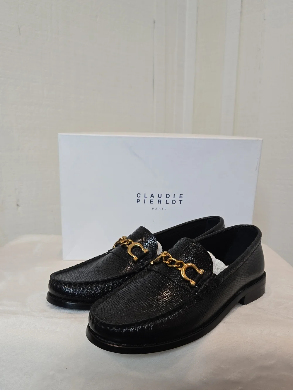 Claudie Pierlot Black Leather Gold Chain Loafers Sz 39